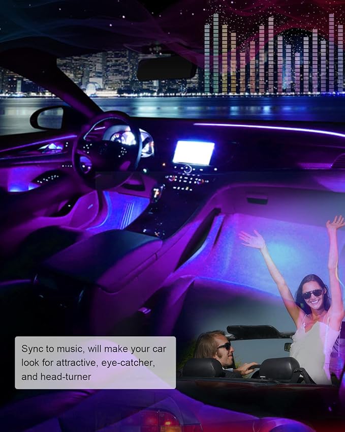 SUNPIE Car LED Lights Interior RGB LED Strip Smart Lighting w/Multi-Color App Control Waterproof Atmosphere Car Light w/8.8ft Length and DC 12V Car Charger Sync to Music