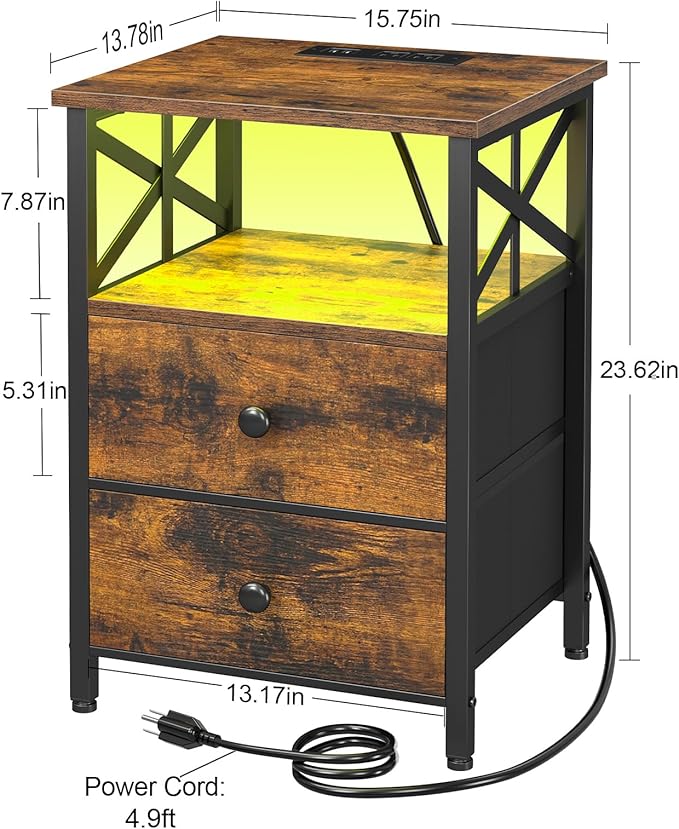 AMHANCIBLE Night Stand Set 2, LED Nightstand with Charging Station, End Tables Living Room with Fabric Drawers, Bedside Table for Bedroom, Rustic Brown, HET052LBR