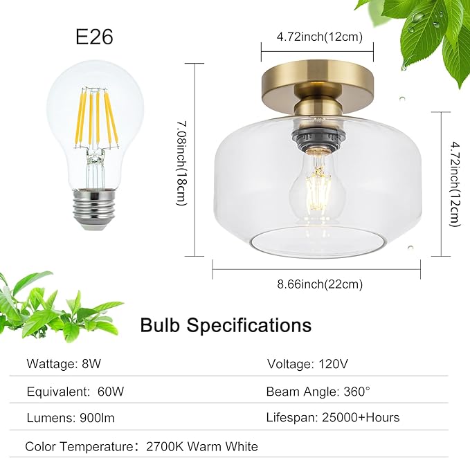 Tbaoinal Semi Flush Mount Ceiling Light Clear Glass Shade Matal Base, Inclede 900 LM LED Bulb, Low-Profile for Kitchen/Hallway/Entryway/Bathroom, Golden