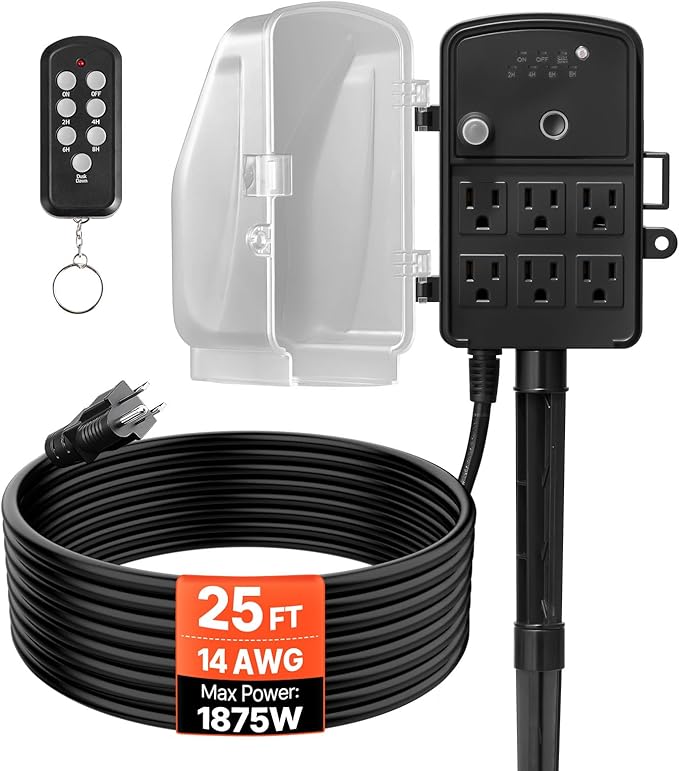 VEVOR Outdoor Power Stake Timer, 25FT Extension Cord, Remote Control Outdoor Power Strip with Cover, Dusk to Dawn Light Timer Waterproof, 6 Outlets for Halloween Christmas Lights, Garden Decorations