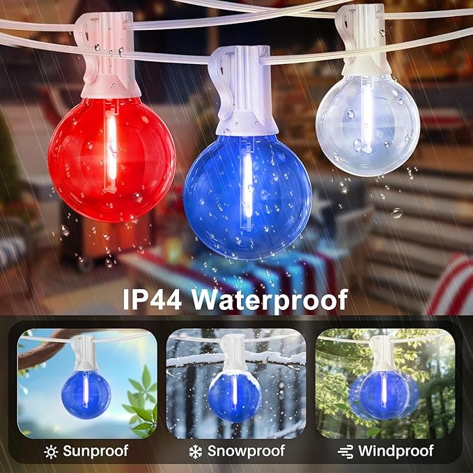 LAMPHOME 2 Pack 26Ft LED G40 Red White and Blue String Lights Outdoor, 4th of July Patriotic Lights with 12+1 Shatterproof Bulbs, Memorial Day Independence Day Decor for Yard Garden Patio