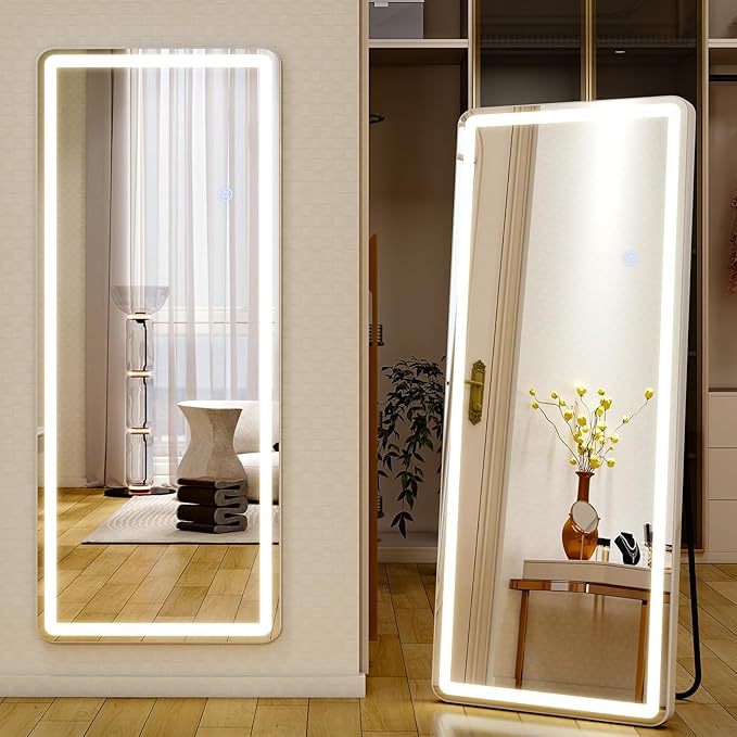 60"x16" LED Full Length Mirror – Standing Floor Mirror with Dimmable Lights 3 Color Modes – Adjustable Brightness, Wall-Mount or Lean for Barber, Fitness Center, Dressing Room, Vanity