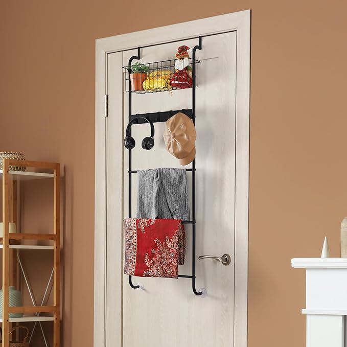 Over The Door Towel Rack 5 Tier Over The Door Towel Bar with Hooks Metal Towel Hanger for Bathroom Towel Holder Over Door with Basket for Bathroom Bedroom (Black)