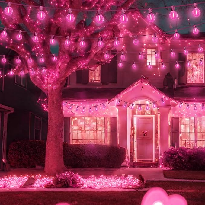 LAMPHOME LED Outdoor String Light, 26Feet Patio Lights with 12+1Edison Shatterproof Bulbs(1Spare), UL Waterproof Outside Lights connectable Dimmable for Backyard Porch Decor,Pink