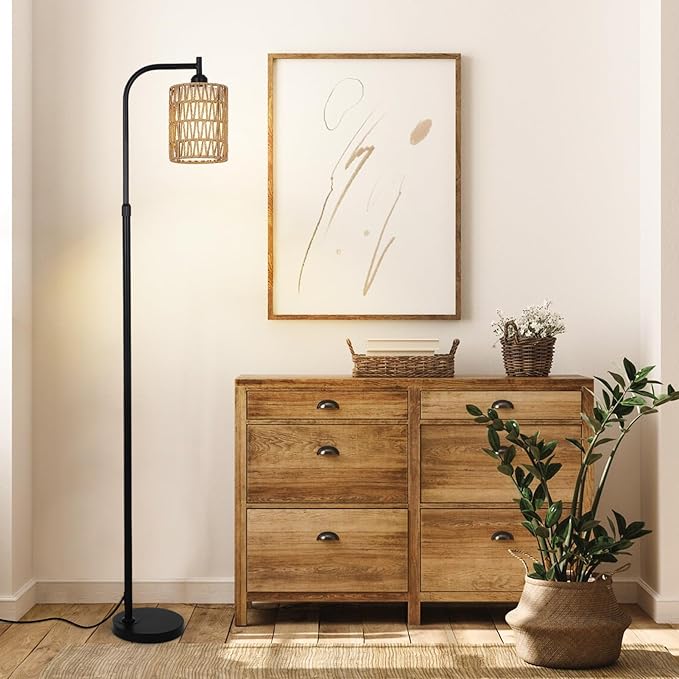 Floor Lamp with Remote, Dimmable Rattan Floor Lamp with LED Bulb, Industrial Black Tall Pole Lamp with Rattan & Fabric Shades, Boho Farmhouse Standing Lamps for Living Room Bedroom Office