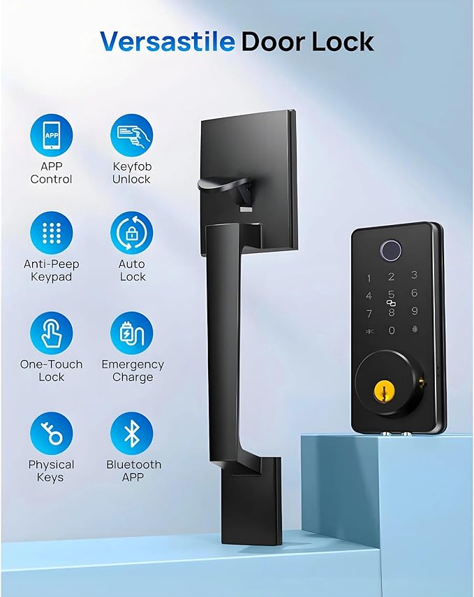 Smart Keyless Entry Door Lock Set w/Front Door Handle, 0.1s Fingerprint Biometric Unlock, Auto Lock, APP Remote/Passcodes/Cards Control, Keypad Deadbolt, Easy Install for Entry Bedroom