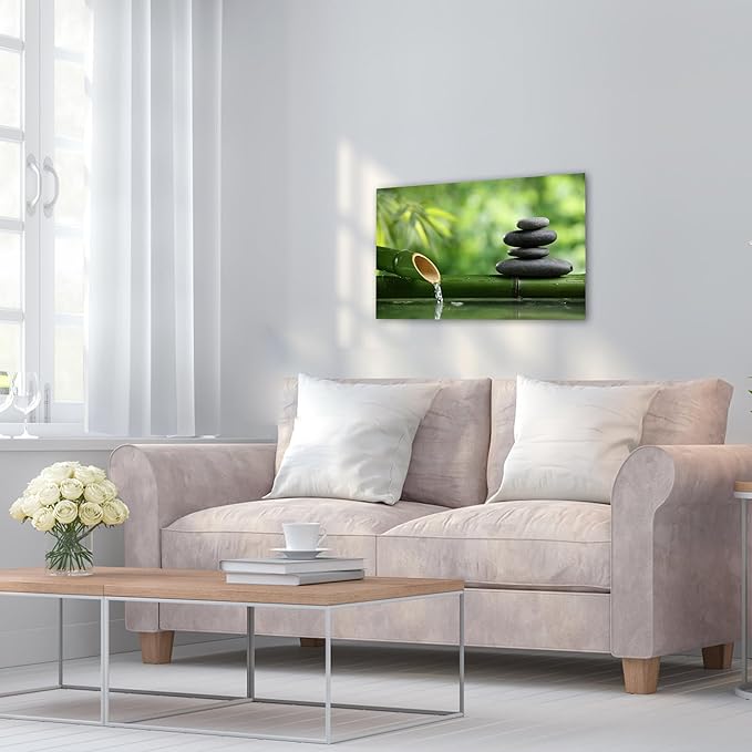 GUTTATY Zen Wall Art Decor, Modern Bathroom Zen Decor Wall Art, Canvas Wall Art for SPA Zen Room Decor, Green Bamboo and Pebble Relaxing Zen Art Prints for Office & SPA Wall Decor 12x18 Inches