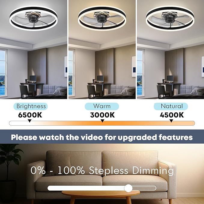 23.6'' Ceiling Fan with Light, Upgraded Low Profile Fan, Flush Mount Ceiling Fan, 6 Speeds, Dimmable LED, App & Remote Control, Quiet DC Motor, for Bedroom, Living Room, F105 Black