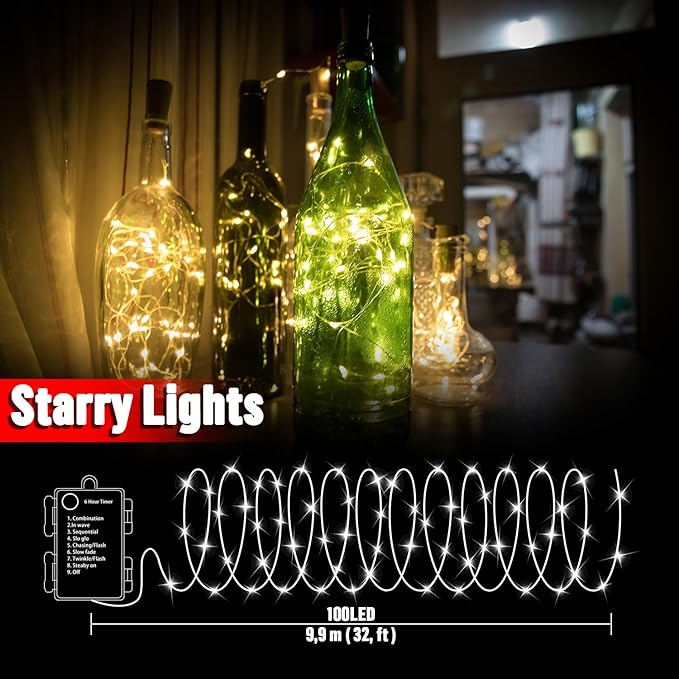 LAMPHOME 100 LED 33FT Fairy Lights Battery Operated with Remote, Twinkle Fairy Lights Multi-Functions &Timer Starry String Lights for Indoor Outdoor Christmas Wedding Home Decor, Warm White