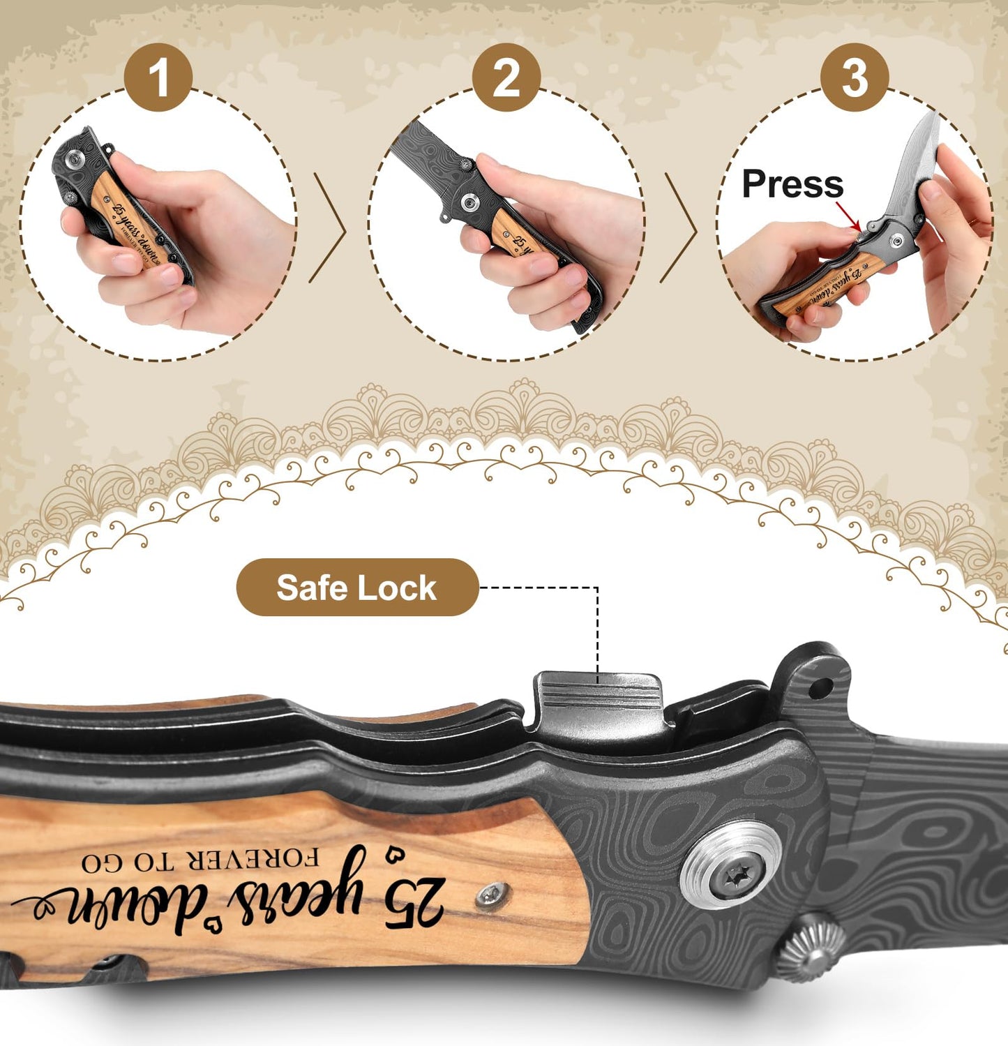 Lanties 25 Year Anniversary Keepsake Gifts for Him Engraved Pocket Knife with Gift Box Happy Tin Anniversary Customized Wedding Birthday Father's Day Gifts for Men Husband