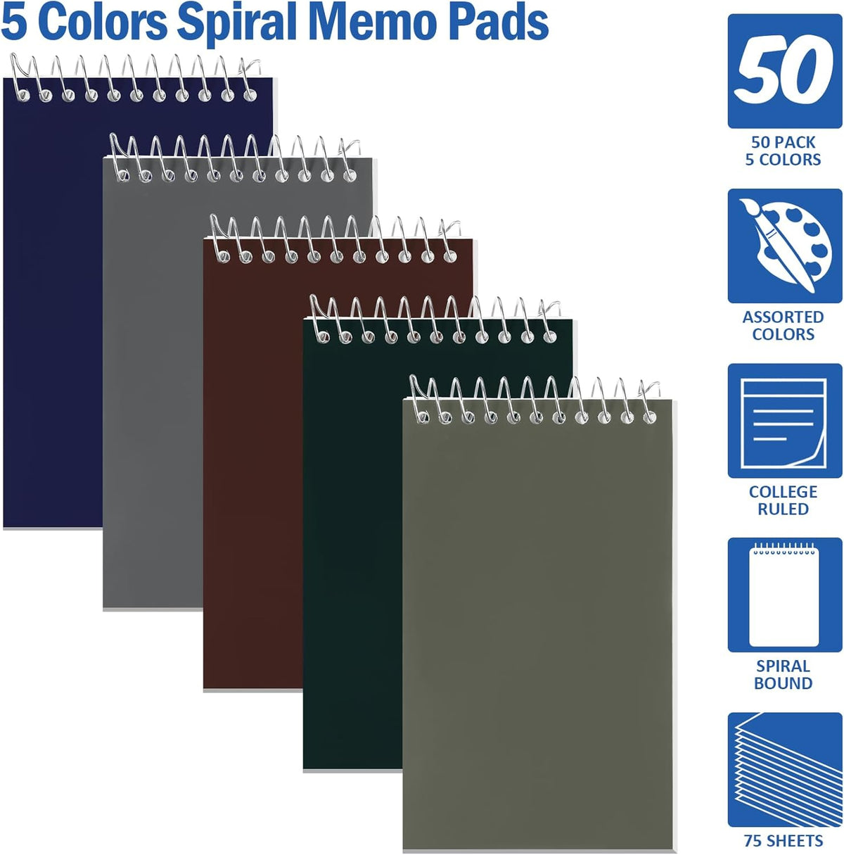 Teling 50 Pieces Spiral Memo Pads Bulk 3 x 5 Inch Small Note Pads Top Bound Lined College Ruled Paper Mini Notepad Pocket Spiral Notebooks for School Office Home Supplies, 75 Sheets (Dark Colors)