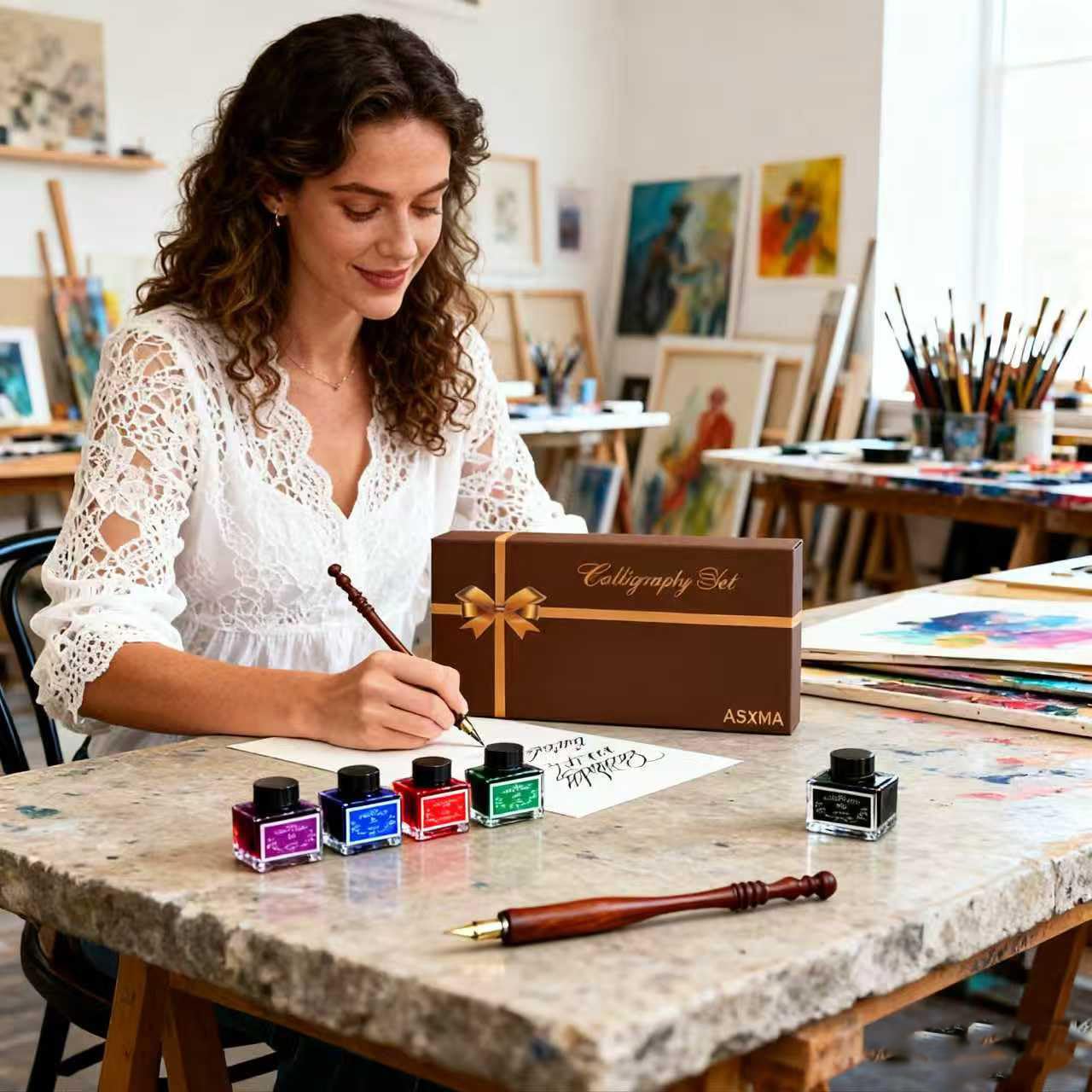 ASXMA Calligraphy Pen Set – Includes Wooden Dip Pen, Antique Brass Holder, 11 Nibs, 4 Colors Ink Bottles and Beginner's Manual-for Beginners and Calligraphy Lovers
