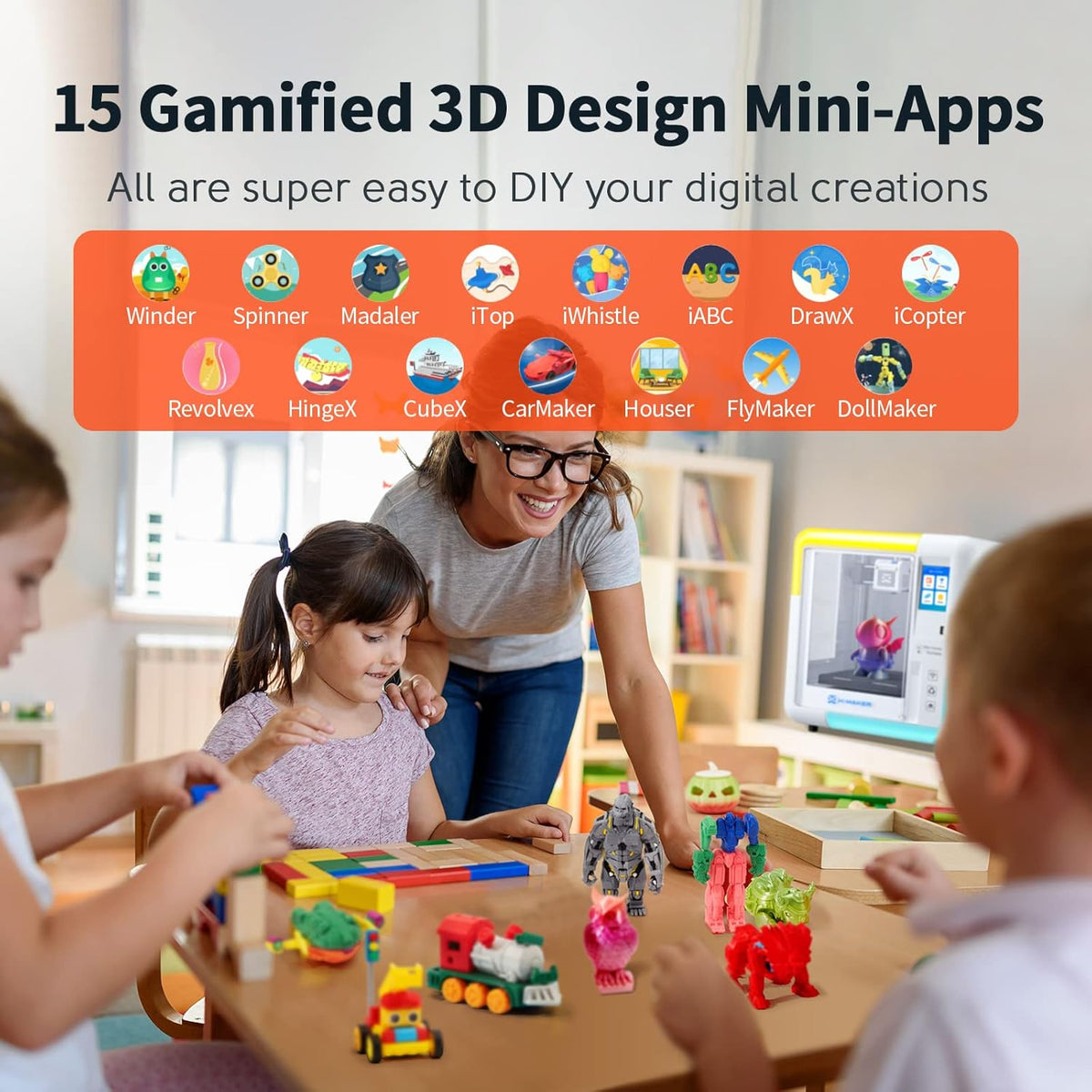 X-Maker 3D Printer for Kids and Beginners, Fully Assembled High-Speed 3D Printer with 8 PLA Filament Set, Leveling-Free Bed, Wi-Fi Printing, Resume Printing, Silent, High Precision, with App