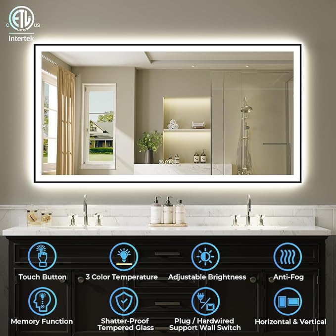 60x38 Inch LED Bathroom Mirror with Lights (Front Lit and Backlit) Black Framed Lighted Vanity Mirror for Bathroom Wall Dimmable Anti-Fog Memory Tempered Glass Horizontal/Vertical