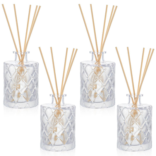 HOFURME 4 Pack Glass Reed Diffusers Bottles for Home, Diffuser Bottles with 20 Pcs Reed Diffuser Sticks, Vintage Embossed Apothecary Style Flower Bud Vases with Cork Lids
