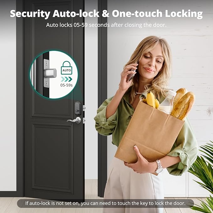 DS10 Keyless Entry Door Lock with 2 Lever Handle, Fingerprint, Keypad Code, 2 Keys, Smart Locks for Front Door, Bedroom, One-time Code, Auto-Lock, Easy Installation - Satin Nickel