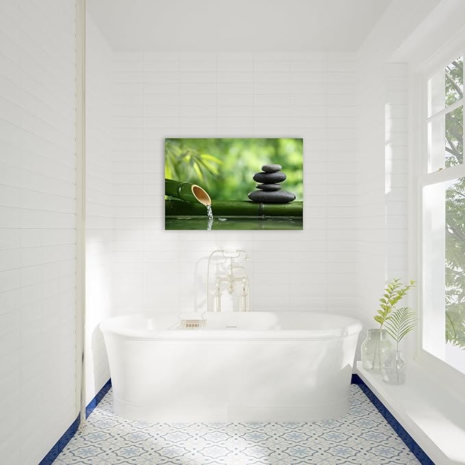 GUTTATY Zen Wall Art Decor, Modern Bathroom Zen Decor Wall Art, Canvas Wall Art for SPA Zen Room Decor, Green Bamboo and Pebble Relaxing Zen Art Prints for Office & SPA Wall Decor 12x18 Inches