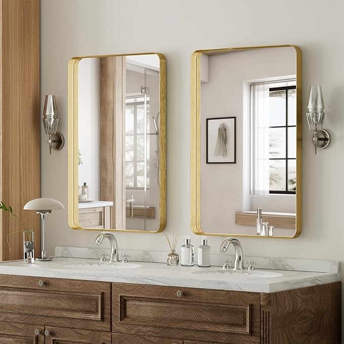 VooBang Bathroom Mirror 20x30 inch, Gold Gorgeous Deep Frame Wall Mirror, Modern Round Corner Bathroom Vanity Mirror for Bedroom, Living Room, Hanging or Leaning Horizontal or Vertical, Gold