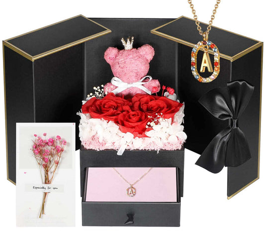Cute Preserved Real Roses Bear Gift Box for Girlfriend with Initial Necklace A, Unique Birthday Gift for Mom, Her, Grandma, Anniversary Presents for Wife