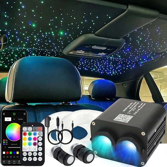 AZIMOM Dual Color 20W Twinkle 900pcs Fiber Optic Starlight Headliner Kits 0.03in 9.8ft Fiber Strands End Glow Sound Activated Remote APP Control RGBW Light Source Home Ceiling Car Headliner Décor