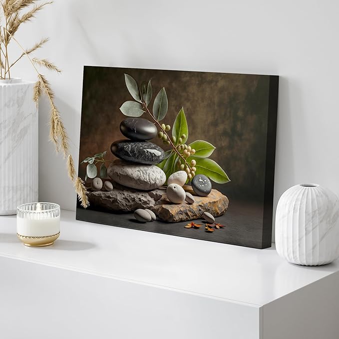 wall26 Canvas Print Wall Art Zen Massage Stone Pebble Bamboo Leaf Nature Wilderness Photography Realism Modern Art Decorative Multicolor Rustic Minimal Relax/Calm/Cozy Colorful for Bedroom - 16"x24"