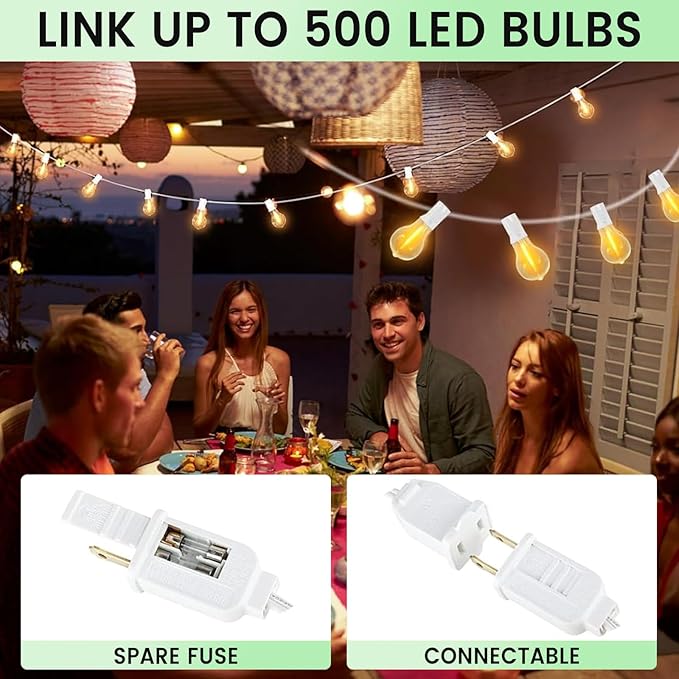 Outdoor String Lights, 100FT LED Patio String Light, String Lights for Outside with 53 LED Bulbs (3 Spare), White Outdoor Light for Yard, Gazebo, Pergola, Porch, Balcony, White Cord