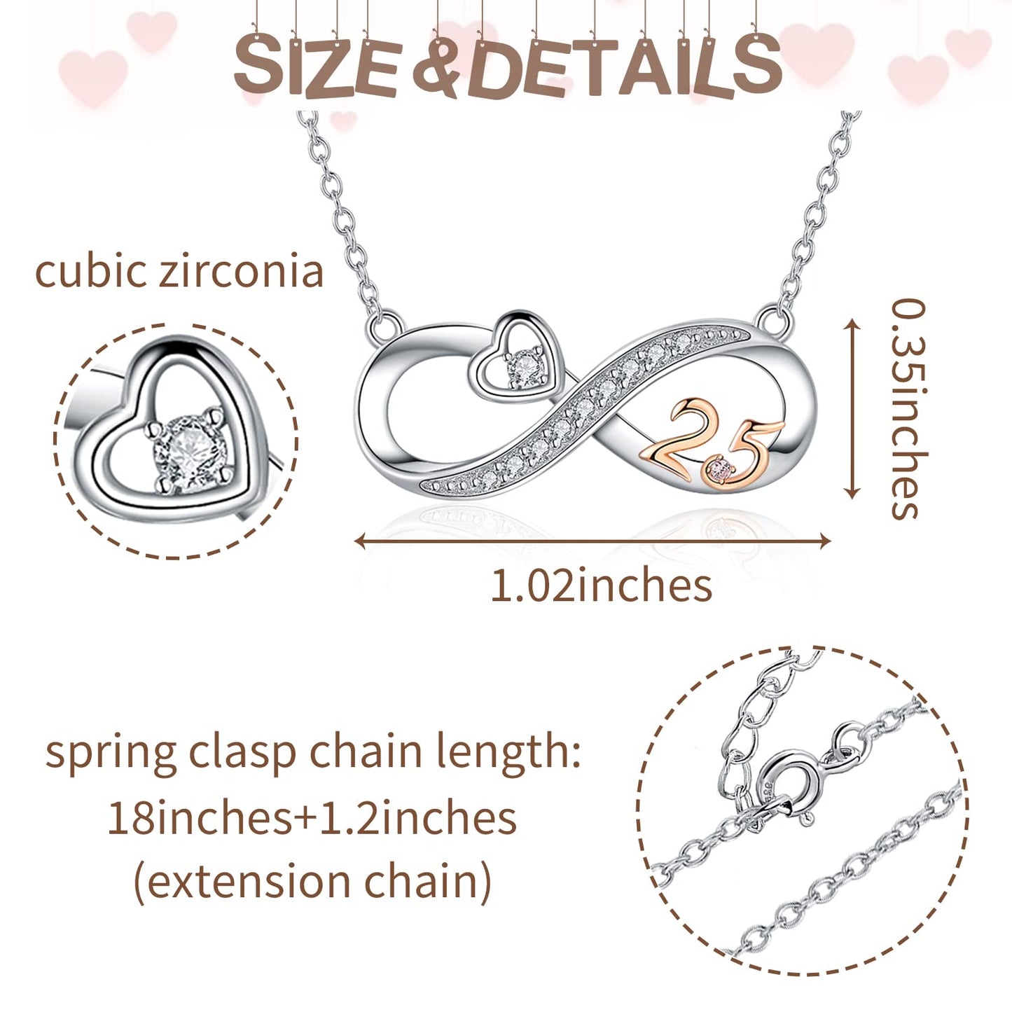 URMWMOO Number Necklace 925 Sterling Silver Infinity Love Heart Pendant Necklaces Jewelry 25th Anniversary Birthday Gifts Wedding Graduation Gift for Her Women