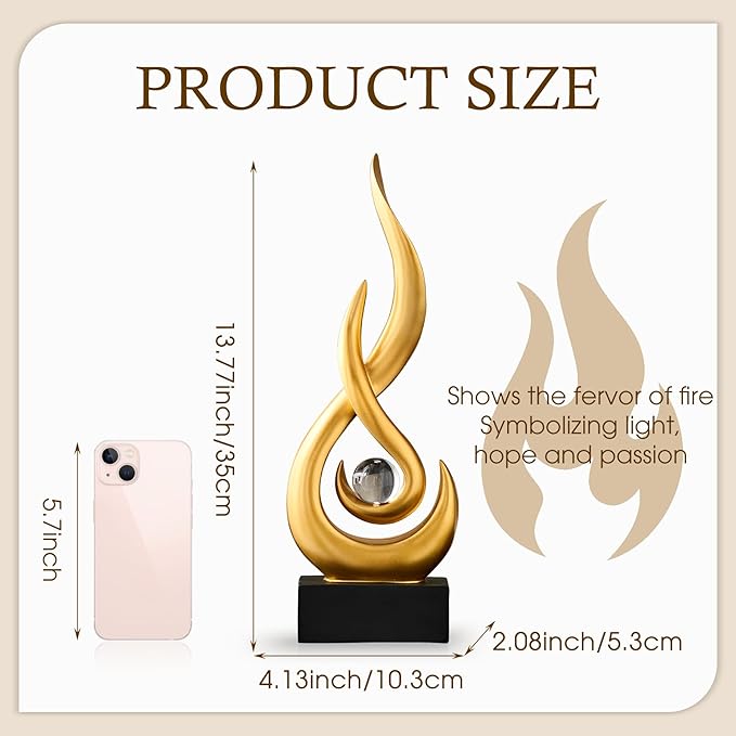 Gold Flame Statue Decor for Living Room, 13.7" H Modern Minimalist Sculptures Home Decorations for Dining Room, Abstract Art Sculpture for Shelf Coffee Table Centerpiece