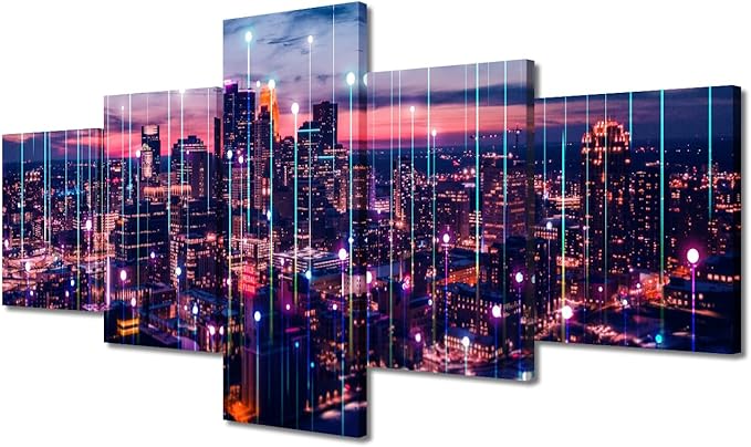 Particle Glowing Poster 5 Panel Canvas Wall Art Modern Home Decoration Artwork Metaverse Concept Big Data Picture Big Data Worker Office Living Room Wall Decor Stretched Ready to Hang 50x24 Inch
