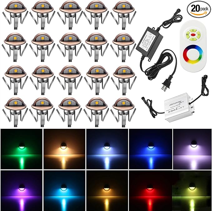 LED Stair Light Low Voltage Waterproof IP65 Outdoor F1.38 Wood 02W~0.4W Multicolored RGB Recessed LED Deck Lighting Yard Garden Patio Step Landscape Pathway Decor Lamp, Bronze (RGB, Pack of 20)