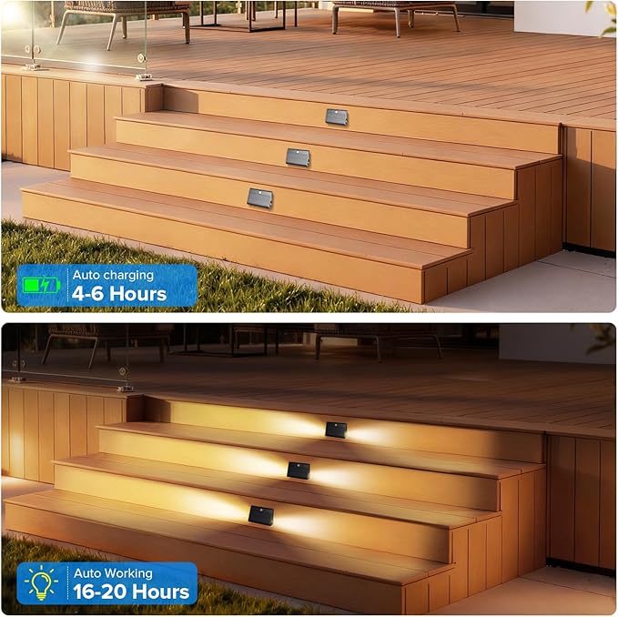 6 Pack Motion Sensor Solar Step Lights, IP67 Waterproof Outdoor Stair Light, 3 Color Temp & Double-Sided Lighting,Outside Decor Light for Deck,Porch,Railing,Fence,Walkway, Yard,Wall,Patio