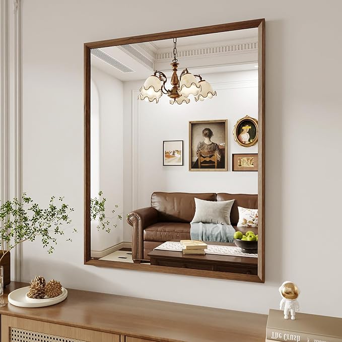 WEER Bathroom Mirror, 28x36 Inch Wall Mirror, Walnut Wood Grain Framed Mirror, Rectangle Vanity Mirror, Tempered Glass, Anti-Rust, Hangs Horizontally or Vertically