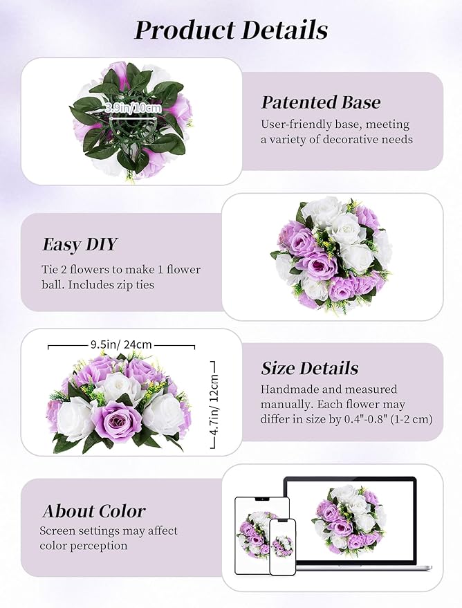 BLOSMON Lilac Purple Flowers Artificial: 2 Pcs Fake Roses Flower Balls Centerpiece for Wedding Table Decoration- Artificial Silk Kissing Bouquet Floral Arrangement for Home Party Event Decor
