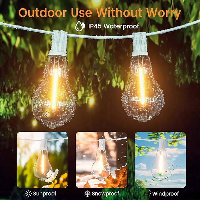 Outdoor String Lights, 75FT Patio Lights with 50+3 Bulbs(1.5FT Bulbs Spacing), Outdoor String Lights, Remote & Dimmer, 3 Mode Light & Timing, 50PC Mounting Ties for Outside, 2200K (White)