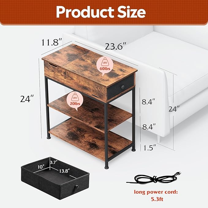 WLIVE Narrow Side Table with Charging Station, Couch Side Table for Living Room, Narrow End Table for Bedroom with Fabric Drawer, USB Ports and Power Outlets, Samll Nightstand Tables, Rustic Brown