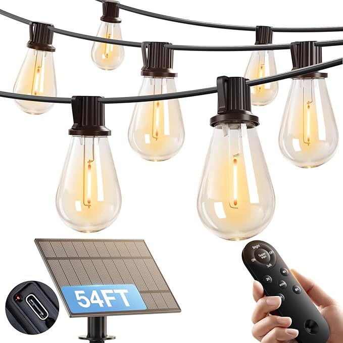 addlon 54FT(48FT+6) Solar String Lights Outdoor Waterproof with USB Port & Remote Control Solar Patio Lights for Outside Solar Powered with 16 LED Dimmable Bulbs for Porch Garden Deck Halloween