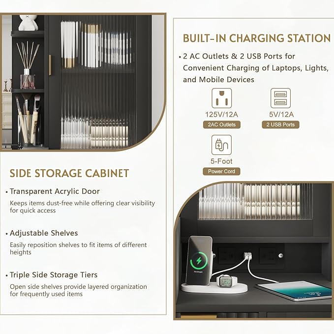 Black Vanity Desk with Mirror and Lights, 49" Fluted Wood Makeup Vanity Table with Modern Glass Top, Charging Station, 5 Drawers, 2 Cabinet with Adjustable Shelves, Salon Station