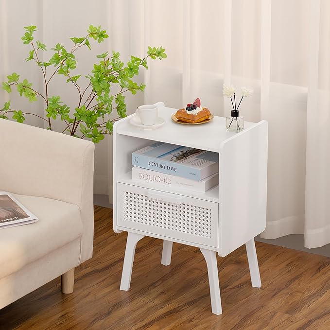 Lerliuo Rattan Nightstand, Side Table with Drawer Open Shelf, Cane Accent Bedside End Table with Solid Wood Legs, Mid Century Modern Night Stand for Bedroom, Dorm and Small Spaces (White)