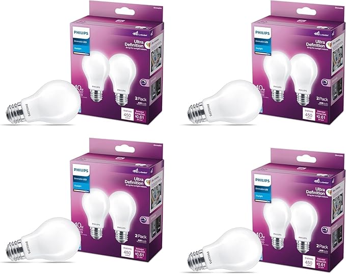 PHILIPS LED 40W A19 8-Pack Ultra Definition Daylight (5000K) 450 Lumen (5W = 40W) Dimmable Frosted Flicker-Free Light Bulbs