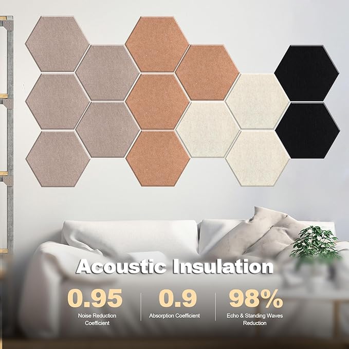 Mollywell Hexagon Acoustic Panels 14x12 - Reduce Echo & Reverb, Noise Blocking Wall Tiles for Living Room & Bedroom, Deep Camel, Deep Brown, Black, Beige Sound Absorbing Panels
