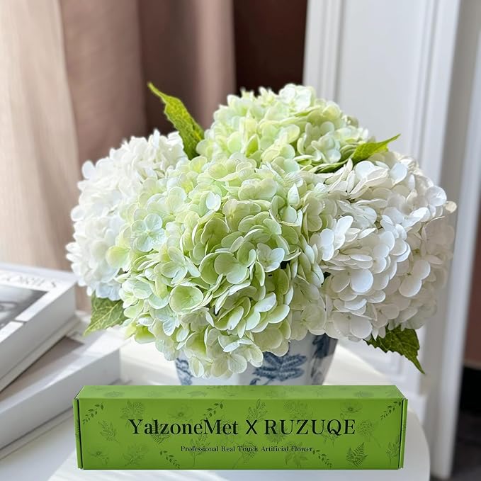 YalzoneMet Artificial Hydrangea Flowers 4 Pcs 2 White 2 Light Green 21 inch Long Rod Real Touch Lifelike Fake Latex Hydrangea Flowers for Home Party Outdoor Wedding Gifts Christmas Table Decoration