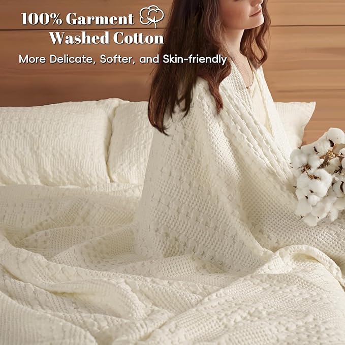 PHF 100% Cotton Waffle Blanket Oversized King 120"x120", Lightweight Breathable Extra Large 10'x10' Blankets for Bed, Giant Big Luxury Aesthetic Woven Bedding for Home Decor, Cannoli Cream