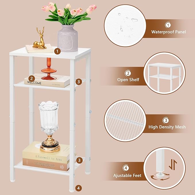 Hoctieon 3 Tier End Table, Telephone Table, Narrow Side Table with Storage, Nightstand for Small Spaces, Metal Frame, for Living Room, Bedroom, Sofa Couch, Hall, Easy Assembly, White