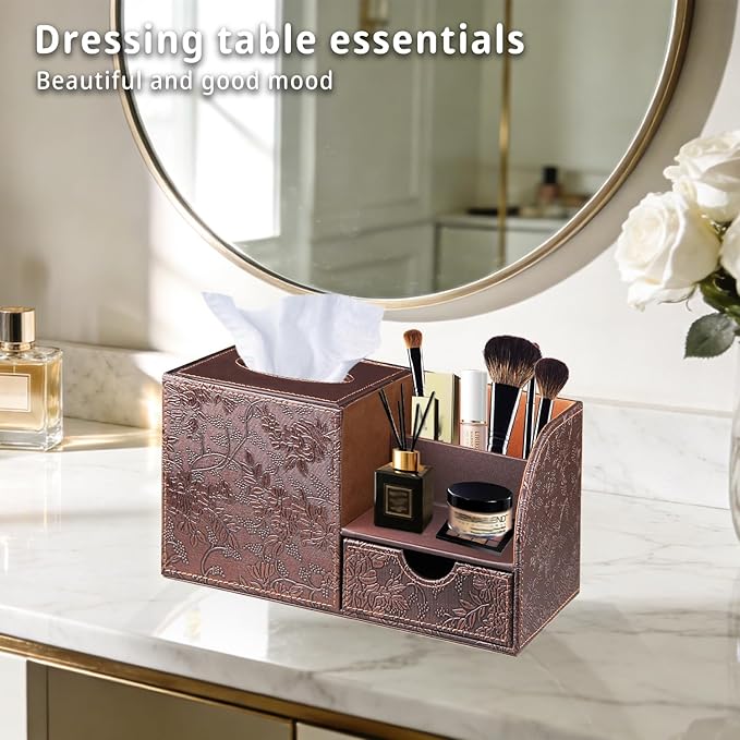 YAPISHI Square Tissue Box Cover with Storage Drawer, PU Leather Facial Tissues Cube Boxes Holder Modern Makeup Remote Control Holder, Nightstand Organizer Caddy for Bathroom Vanity, Office, Home Decor