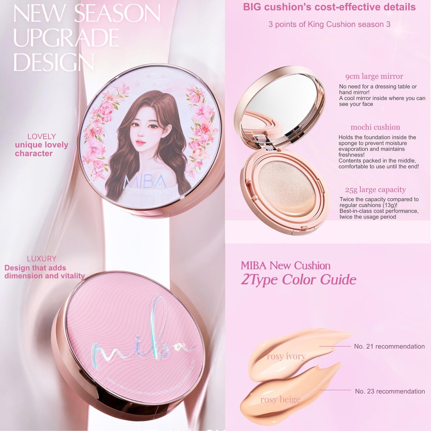 MIBA Ion Calcium Foundation Double Cushion Glow 25 g / 0.88 oz Big Cushion SEASON 3. Long Lasting Cover Effect. Moisture glow. Skin tightening relief. Smooth adhesion. (#21 Rosy Ivory Refill)