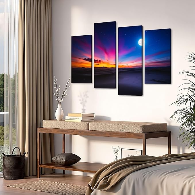 Canvas Wall Art Prints Pictures Moon sky Framed Posters Modern Wall Painting Artwork Gift Home Decor for Living Room Ready to Hang 4 Panel