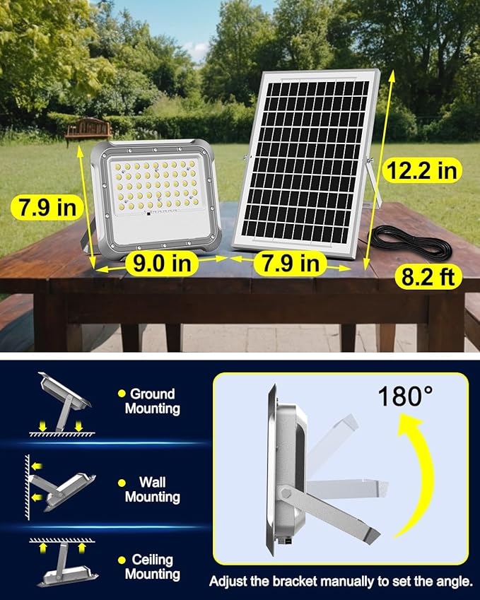 Outdoor Solar LED Flood Lights: Waterproof Security Patio Lights with Remote Control, 6500K Bright Illumination Dawn to Dusk Lighting for Fence, Yard, Backyard, Wall, House