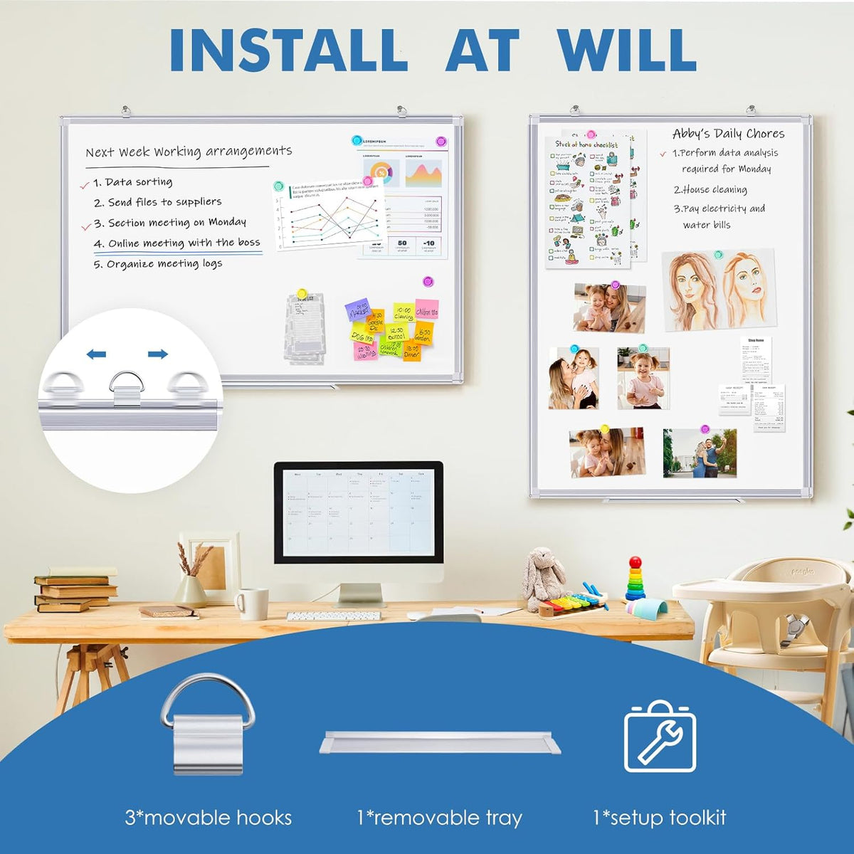 Double Sided White Board Dry Erase, 30 x 20 inch Magnetic Dry Erase Board Whiteboard for Wall, Aluminum Frame Wall-Mounted or Hanging Whiteboard Marker Board Writing Board
