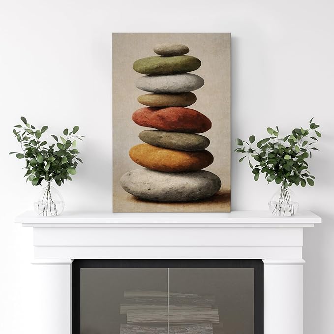 wall26 Canvas Print Wall Art Stacked Zen Stones in Rain Tranquil Nature Photography Realism Rustic Colorful Multicolor for Living Room, Bedroom, Bathroom - 24"x36"