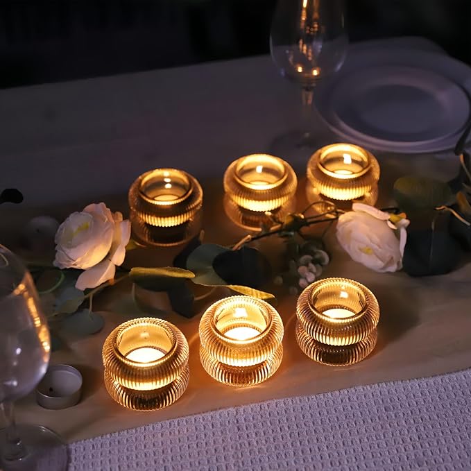 Woho Ribbed Glass Votive Candle Holders Set of 6, Vintage Tealight Candle Holder for Wedding Decor, Elegant Tea Lights Candle Holder for Dinner Table/Christmas Decorations(Green, 2.1" H X 2.75" D)